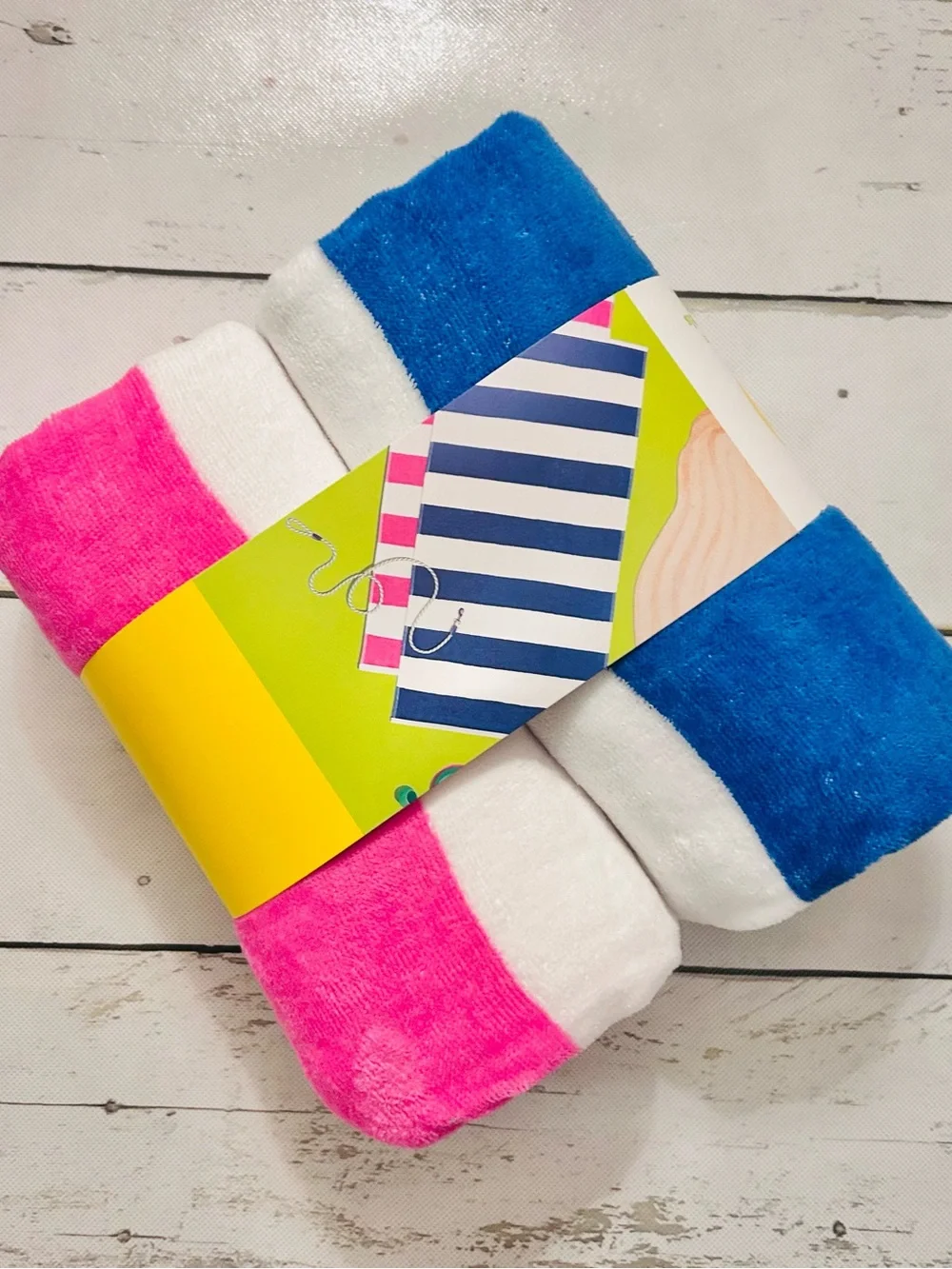 SunSquad 2-Pack Beach Striped Towels - Blue, Hot Pink, White 100% Cotton